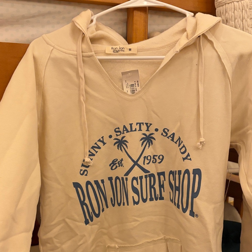 Ron Jon Cream Hoodie with Blue Logo